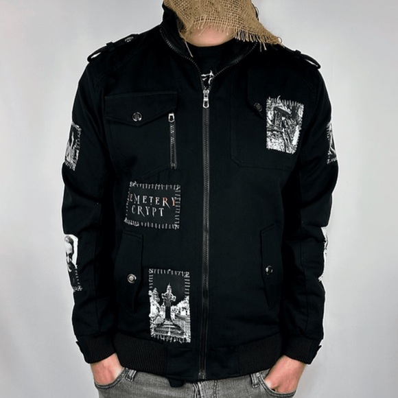 Cemetery Crypt Military Bomber Jacket Black Punk Goth Emo Patchwork Metal Size L